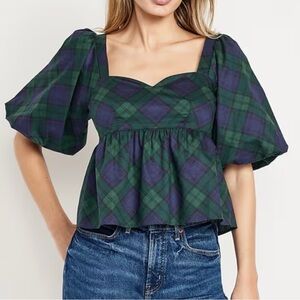 Old Navy Plaid Green and Blue Women's Crop Top With Puffy Sleeves - NWT Size L